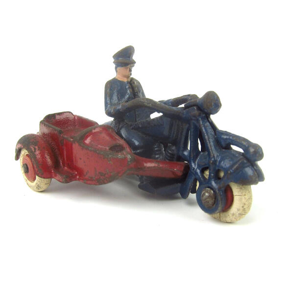 Vintage Cast Iron Toy Champion Policeman Cop Motorcycle & Sidecar Red Blue 1930s